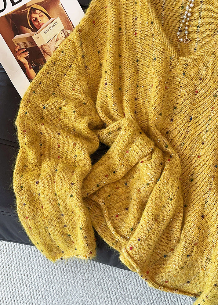 Handmade Yellow Embroidered Sequins Knit Sweater Fall