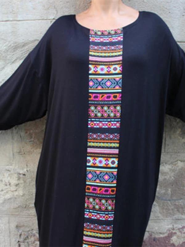 Handmade black cotton Tunics patchwork o neck Robe Dresses - SooLinen