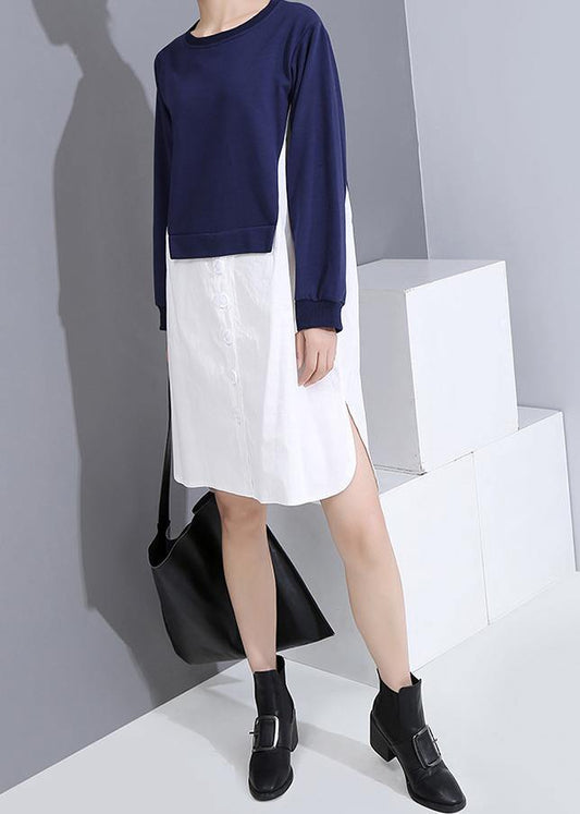 Handmade blue Cotton quilting clothes patchwork cotton fall Dresses - SooLinen