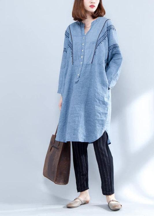 Handmade blue linen clothes embroidery Midi summer Dresses - SooLinen