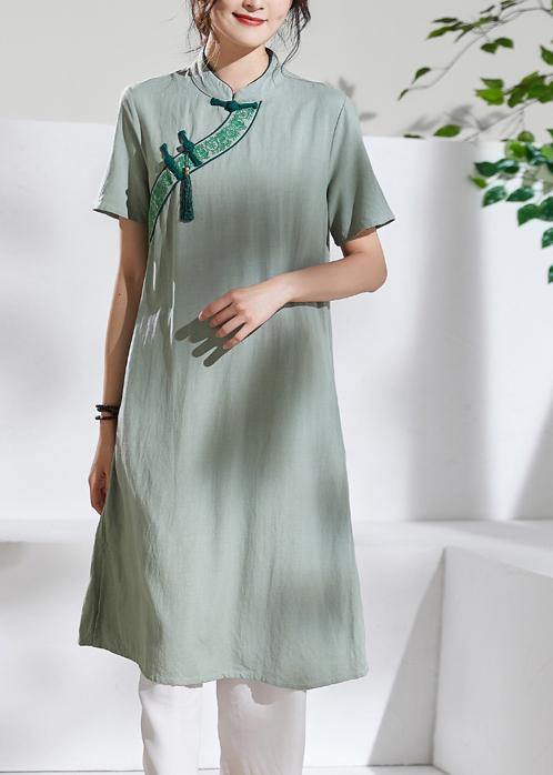 Handmade green embroidery linen dresses stand collar loose summer Dress - SooLinen