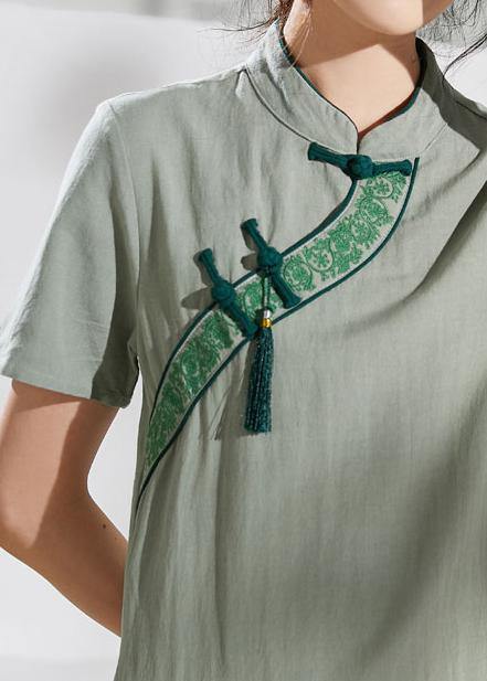 Handmade green embroidery linen dresses stand collar loose summer Dress - SooLinen