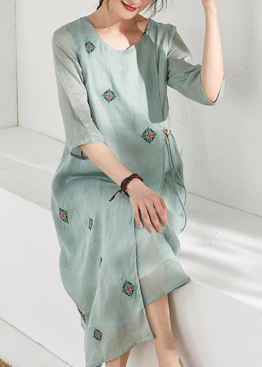 Handmade green linen clothes For Women o neck embroidery long Dresses - SooLinen