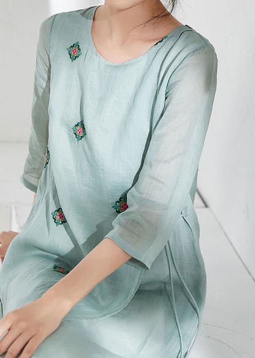 Handmade green linen clothes For Women o neck embroidery long Dresses - SooLinen