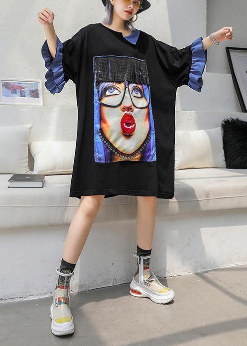 Handmade o neck half sleeve Cotton dresses Fashion black print Dress summer - SooLinen