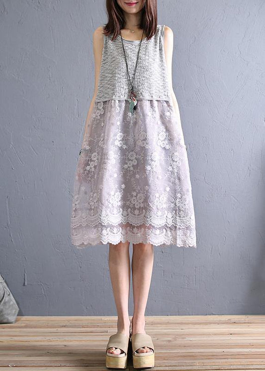 Handmade o neck patchwork linen lace clothes Inspiration beige Dress - SooLinen