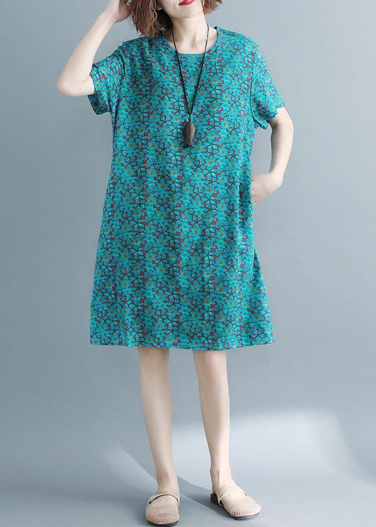Handmade o neck pockets cotton linen outfit green print Dresses summer - SooLinen