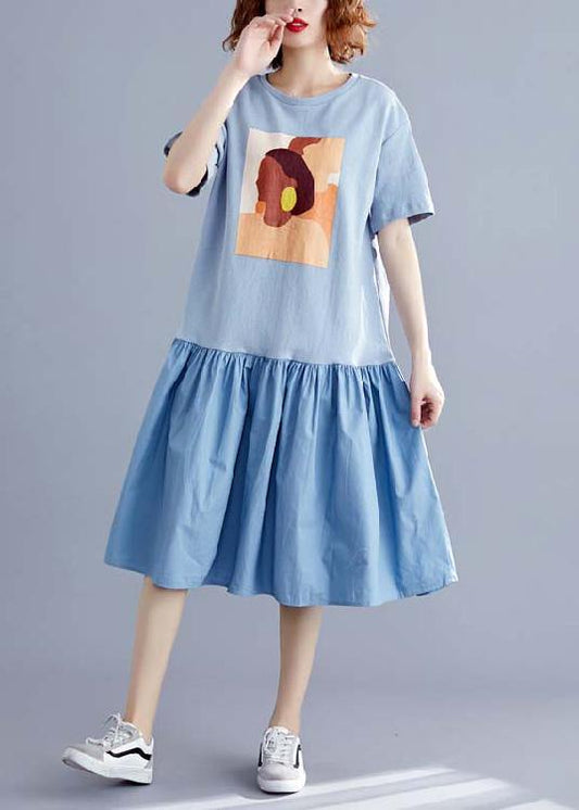 Handmade o neck Cinched linen cotton blue print Dresses summer - SooLinen