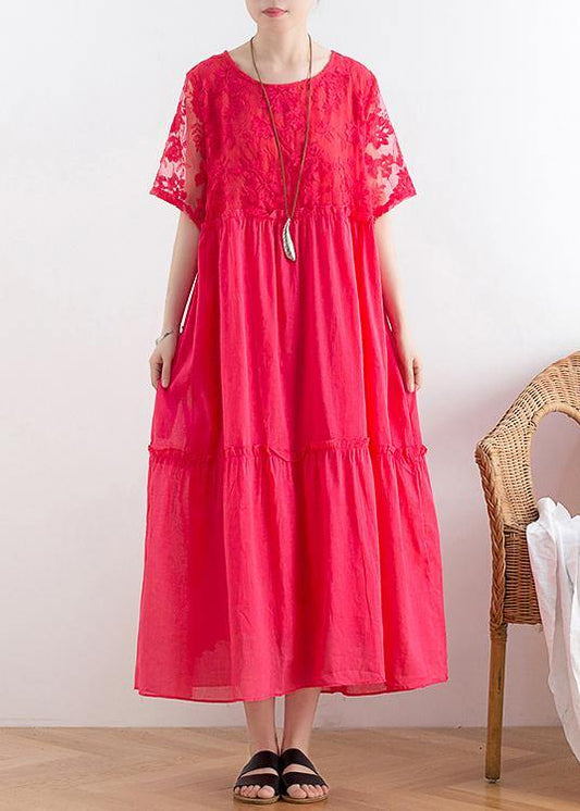 Handmade organza patchwork cotton o neck summer Catwalk red Kaftan Dress - SooLinen
