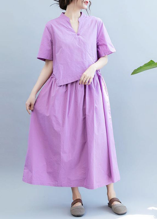 Handmade purple dress v neck patchwork Dress - SooLinen