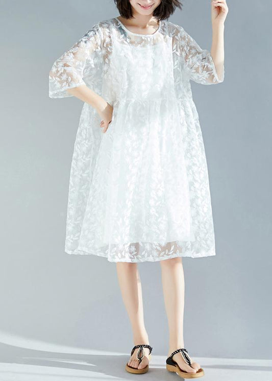 Handmade white dress 2025 o neck Cinched A Line Summer Dresses