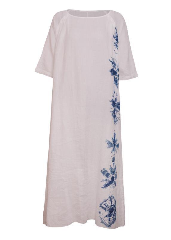 Handmade white print linen clothes For Women o neck half sleeve A Line summer Dresses - SooLinen