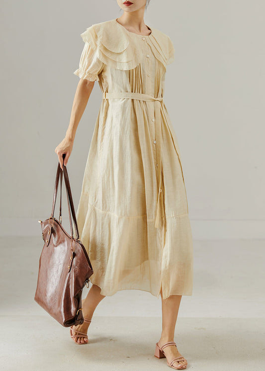 Italian Apricot Peter Pan Collar Wrinkled Cotton Shirt Dresses Summer