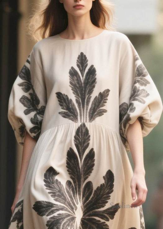 Italian Apricot Puff Sleeve Print Chiffon Long Dress