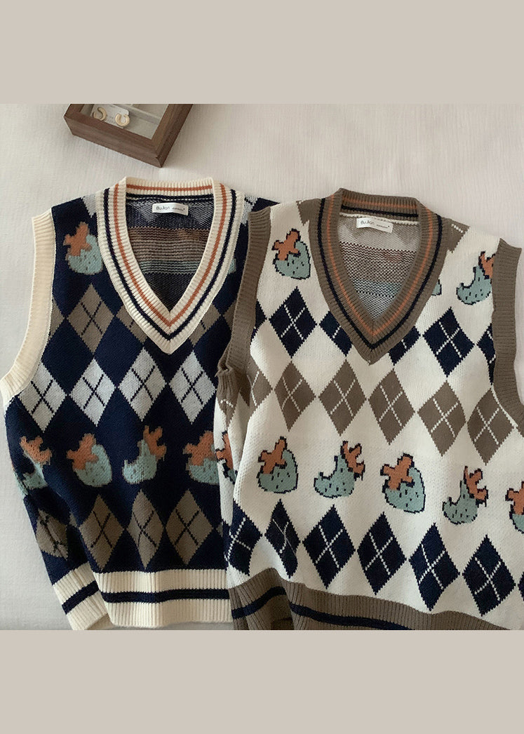 Italian Apricot V Neck Jacquard Knit Vest Tops Sleeveless