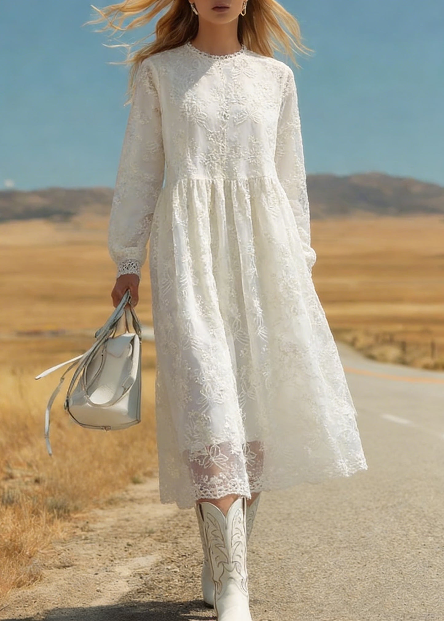 Italian Beige Embroidered Tulle Warm Fleece Long Dresses Spring