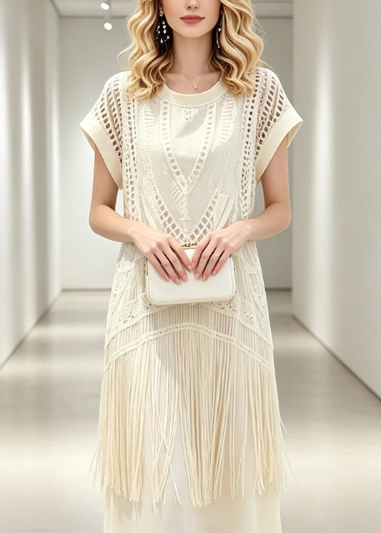 Italian Beige Hollow Out Tassel Patchwork Fake Two-Piece Maxi Dresses Summer