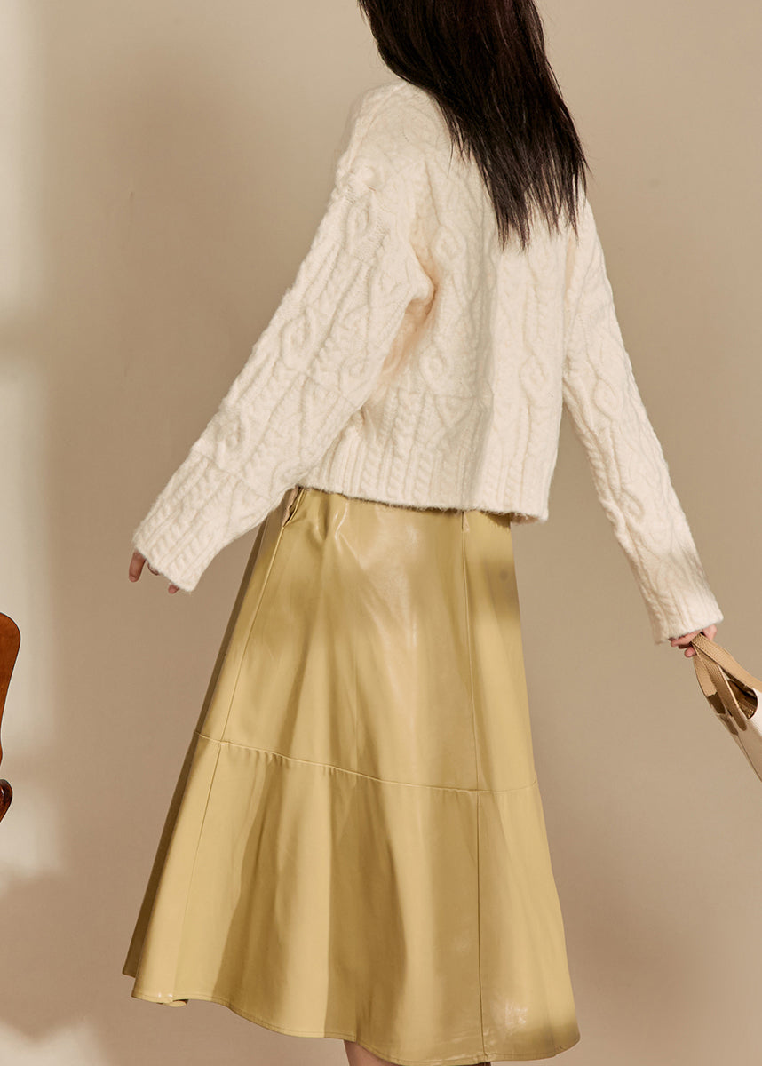 Italian Beige O Neck Thick Cable Knit Sweaters Spring