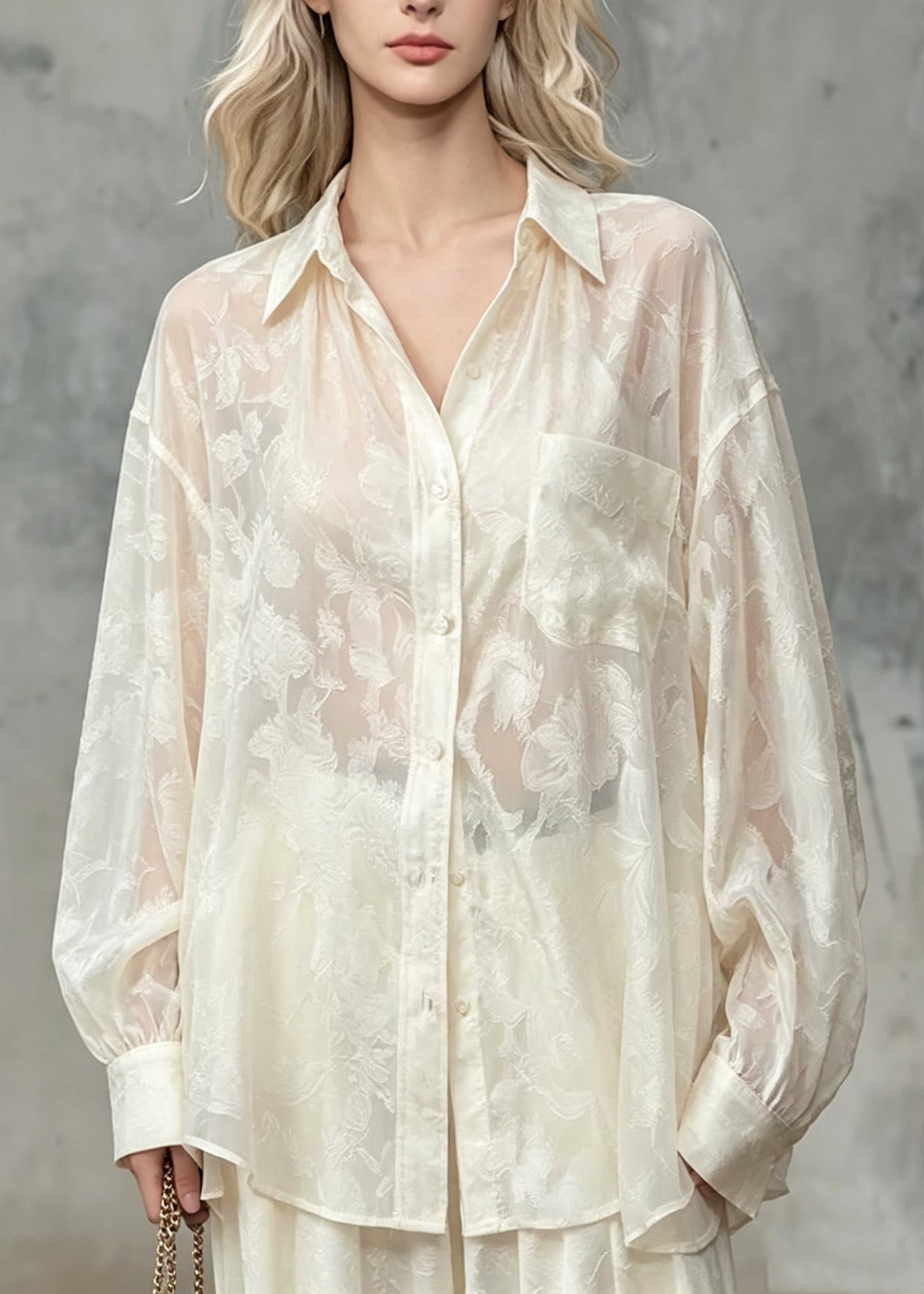 Italian Beige Peter Pan Collar Jacquard Silk Shirt Tops Fall