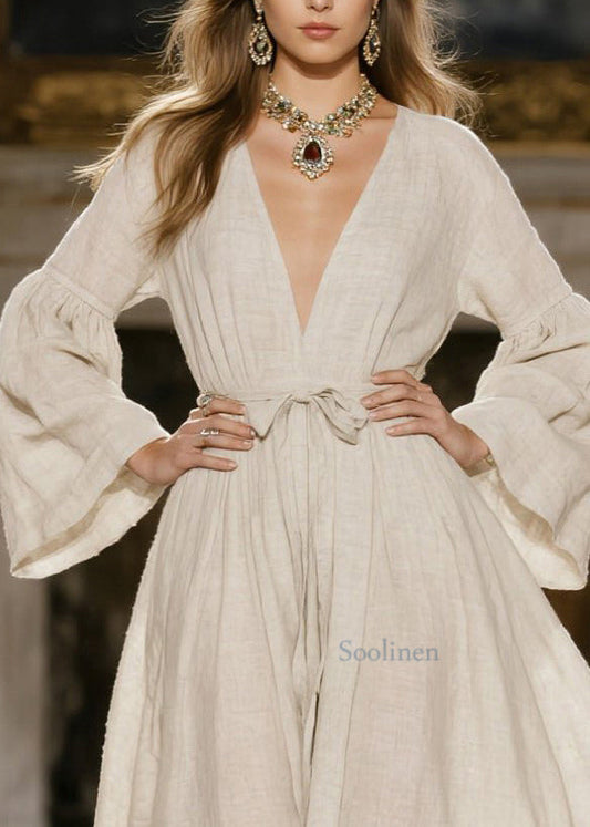 Italian Beige V Neck Tie Waist Linen Dress Spring