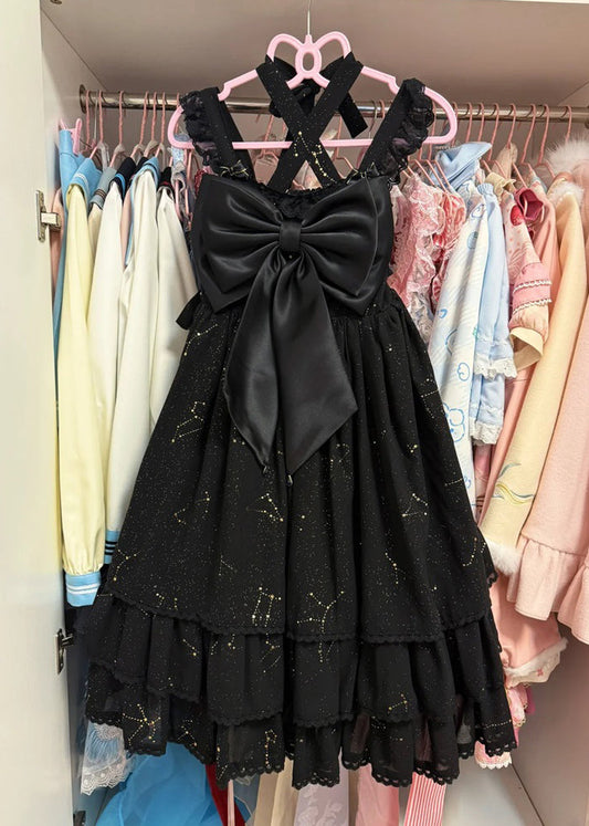 Italian Black Bow Lace Mid Dress Sleeveless