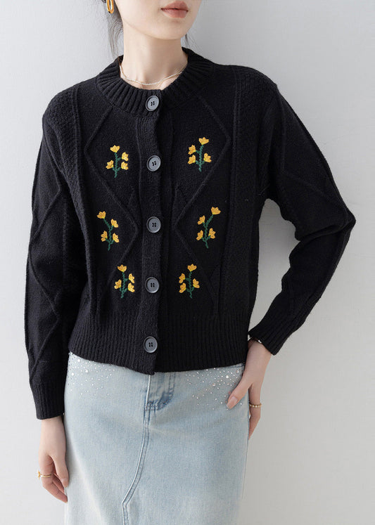 Italian Black Embroidered Thick Knit Cardigan Winter