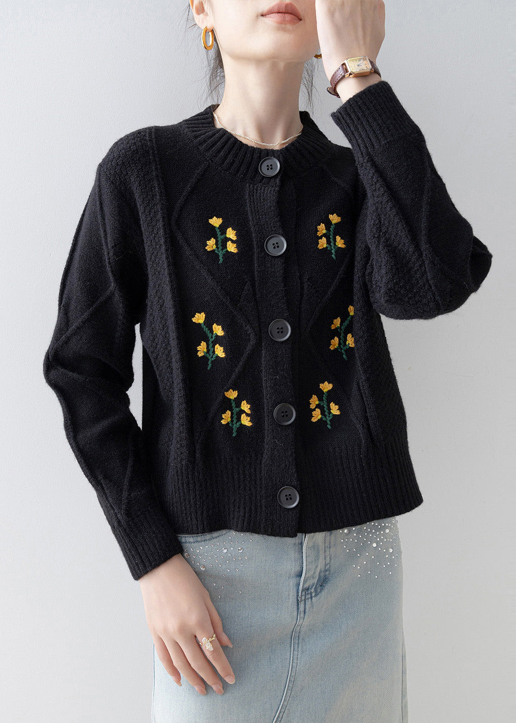 Italian Black Embroidered Thick Knit Cardigan Winter