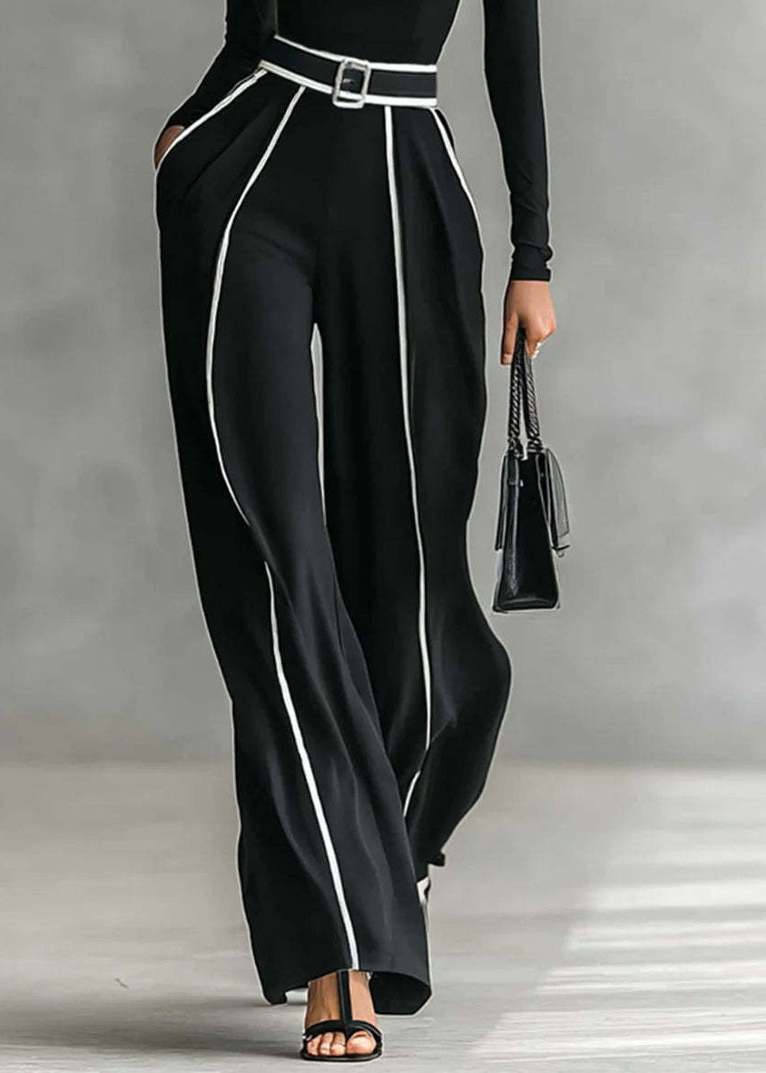 Italian Black Hign Neck Top And Pants Cotton Sets 2 Pieces Spring