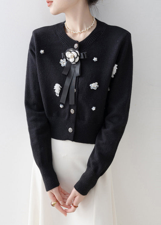 Italian Black O-Neck Floral Knit Cardigans Winter