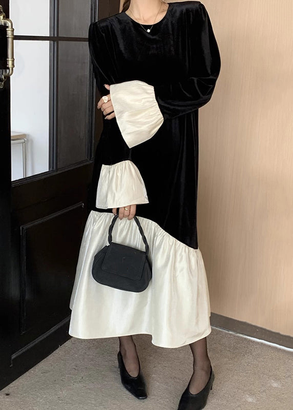 Italian Black O Neck Patchwork Silk Velvet Long Dress Flare Sleeve