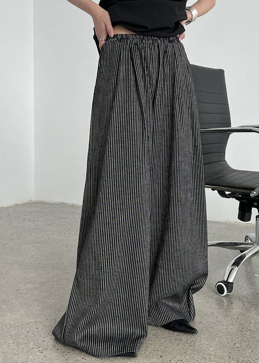 Italian Black Oversized Striped Cotton Wide Leg Pants Spring