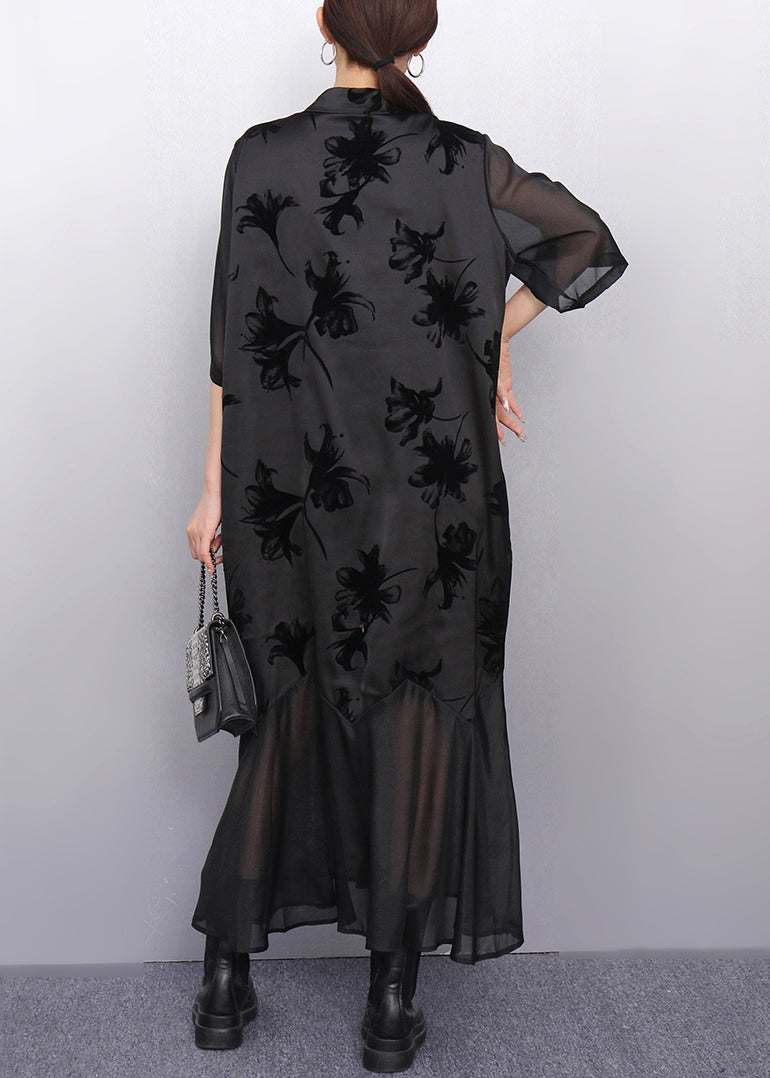 Italian Black Print Tulle Patchwork Blouses Dresses Half Sleeve