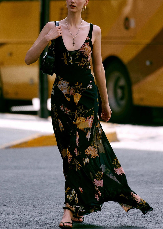 Italian Black V Neck Print Chiffon Spaghetti Strap Dress Sleeveless