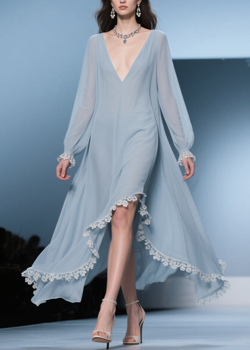 Italian Blue Asymmetrical Lace Chiffon Long Dresses Lantern Sleeve