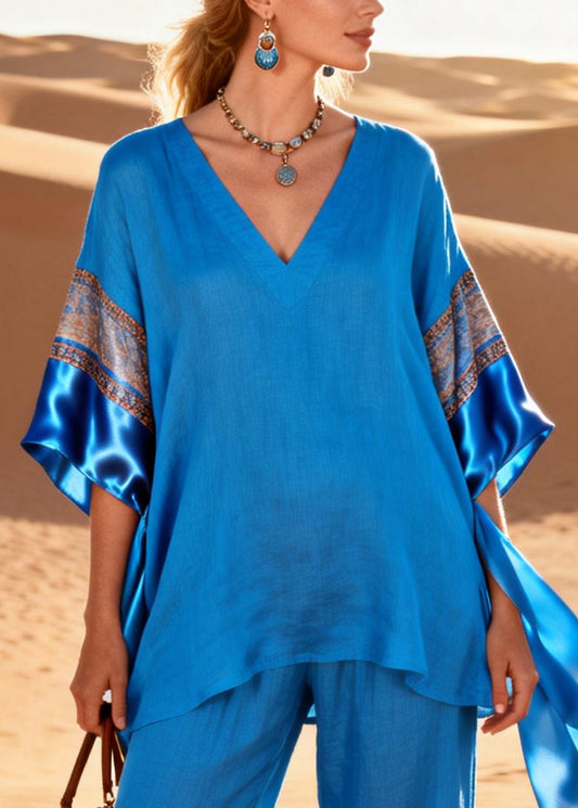 Italian Blue Oversized Patchwork Cotton 2 Piece Outfit Half Sleeve