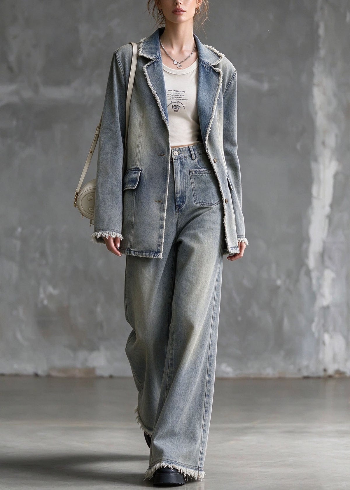 Italian Blue Peter Pan Collar Coat And Pants Denim Two Piece Set Outfits Summer