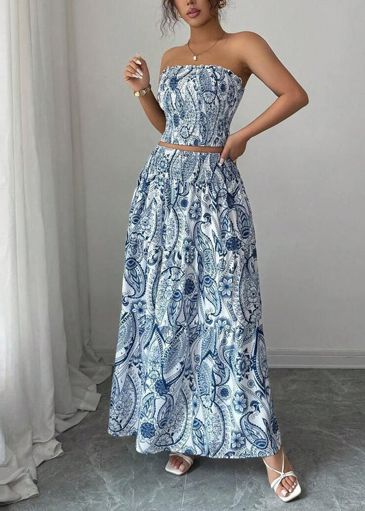 Italian Blue Print Strapless Cotton Two Piece Suit Set Summer