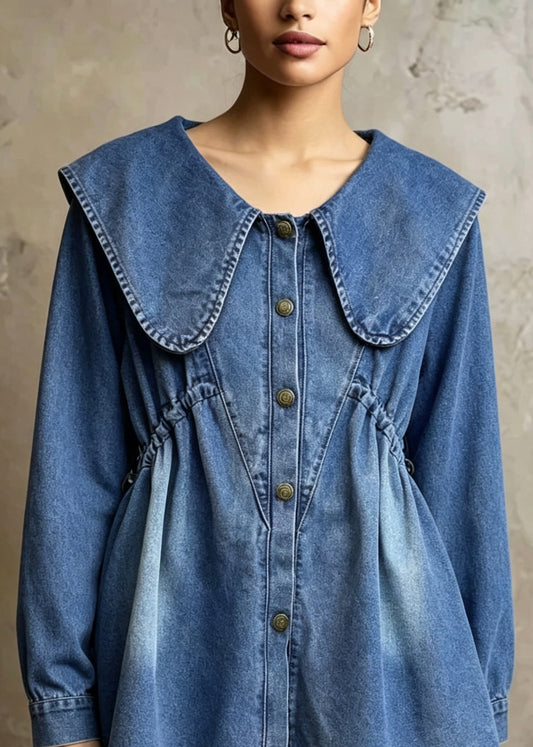 Italian Blue Sailor Collar Button Patchwork Denim Shirts Top Fall