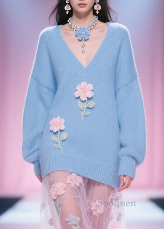 Italian Blue V Neck Floral Patchwork Knit Short Sweater Fall