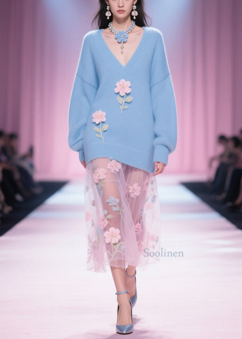 Italian Blue V Neck Floral Patchwork Knit Short Sweater Fall