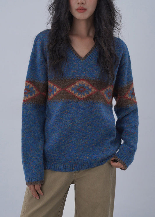 Italian Blue V Neck Jacquard Knitted Sweaters Tops Spring