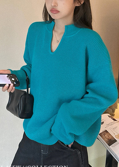 Italian Blue V Neck Oversized Knit Sweater Fall