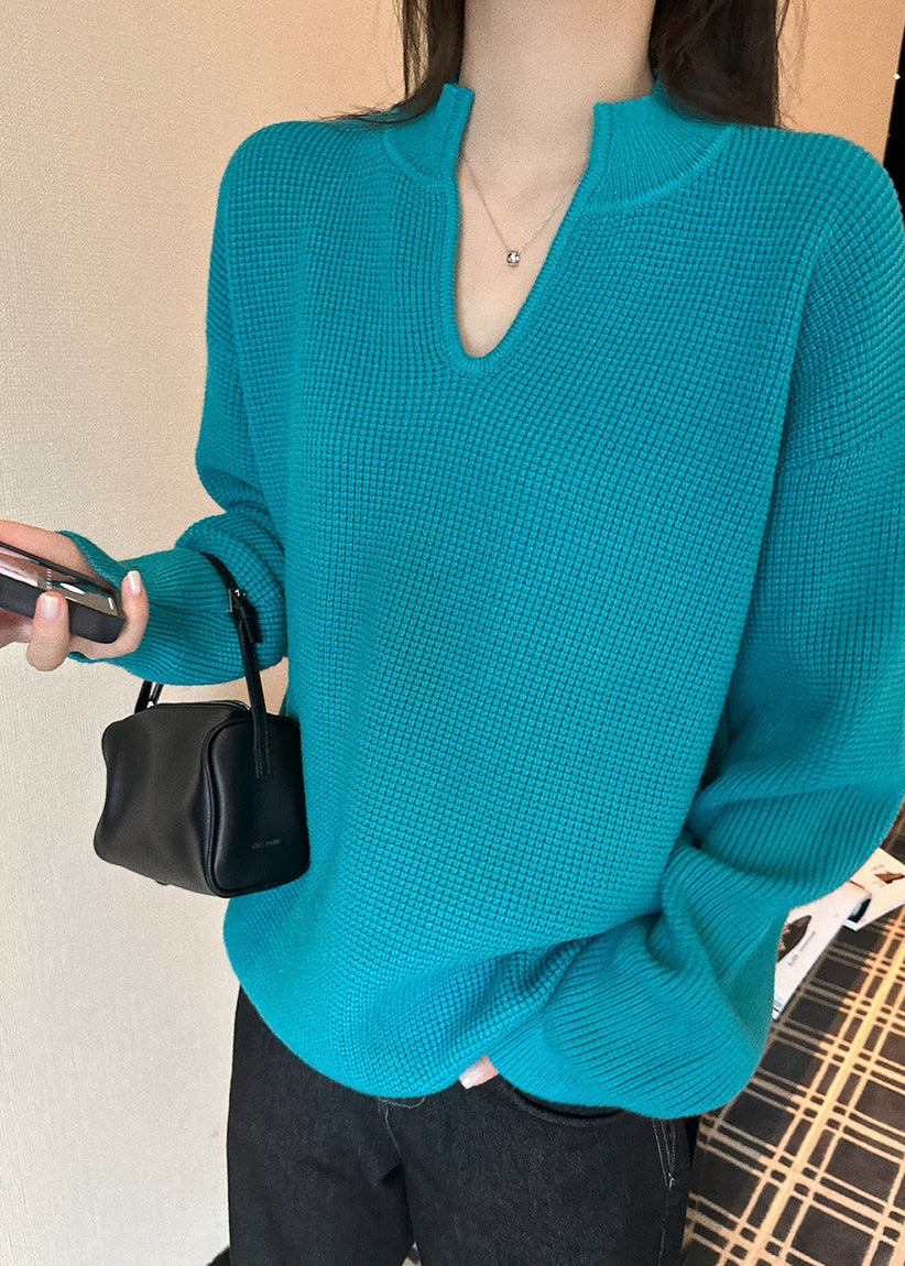 Italian Blue V Neck Oversized Knit Sweater Fall