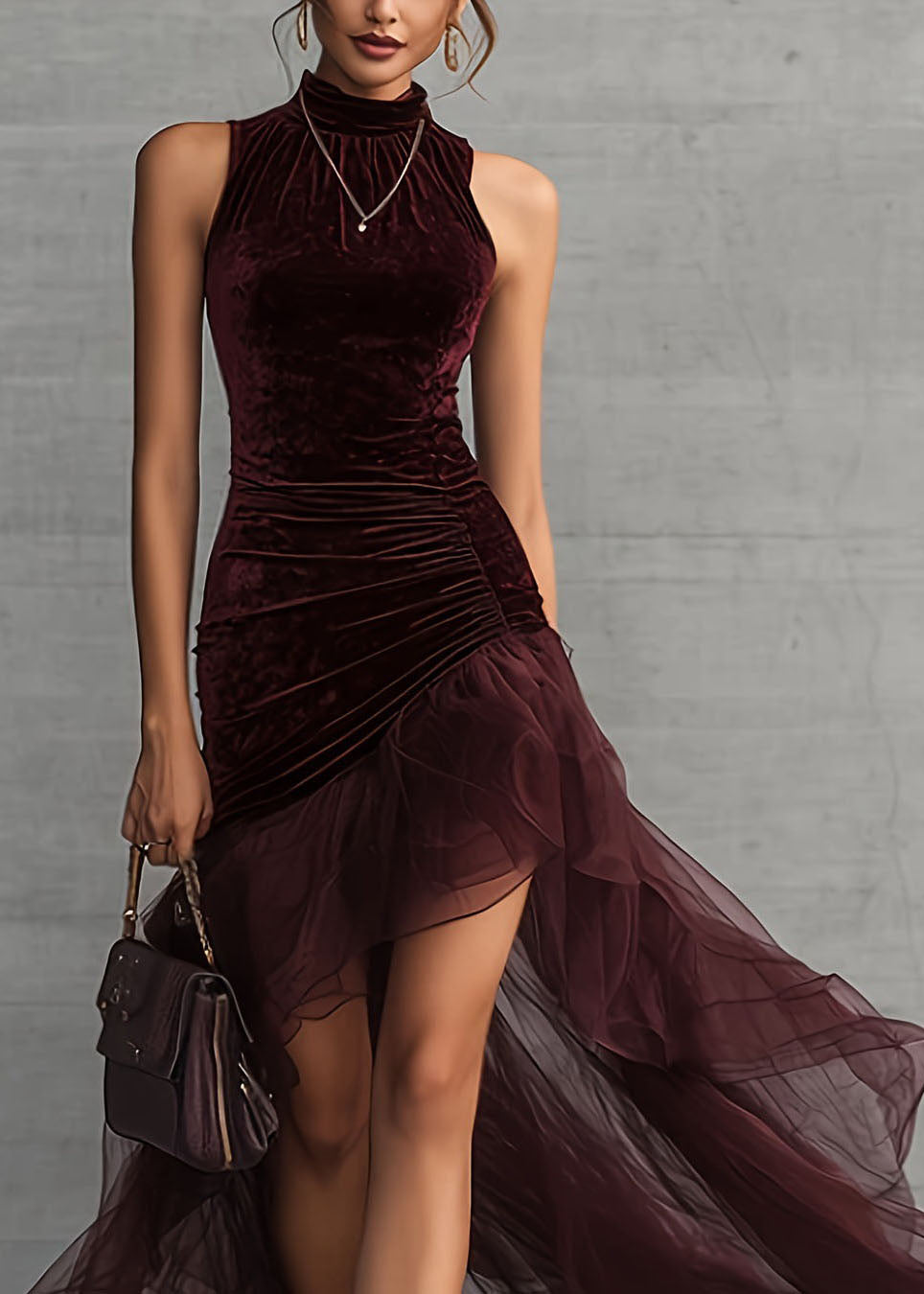 Italian Brown Asymmetrical Tulle Patchwork Velvet Long Dress Sleeveless