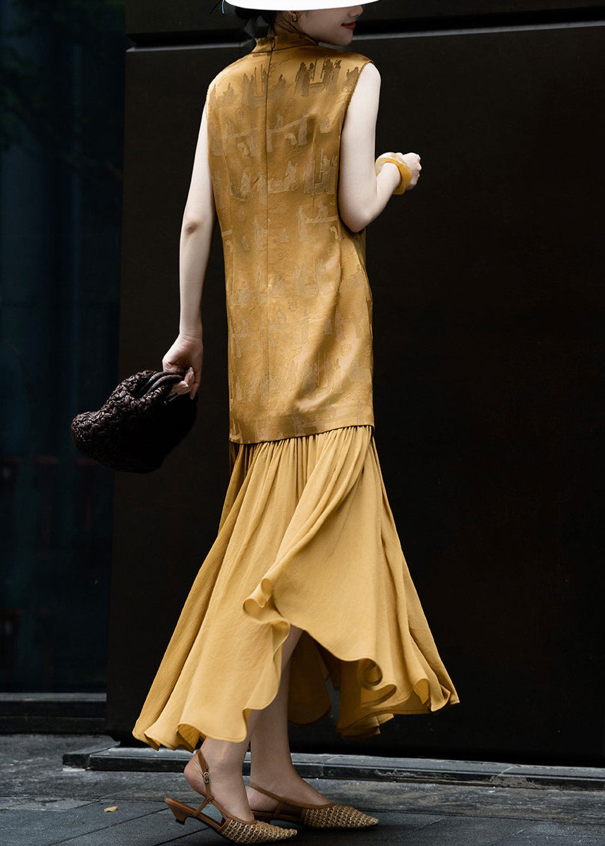 Italian Brown Embroidered Patchwork Silk Dresses Summer