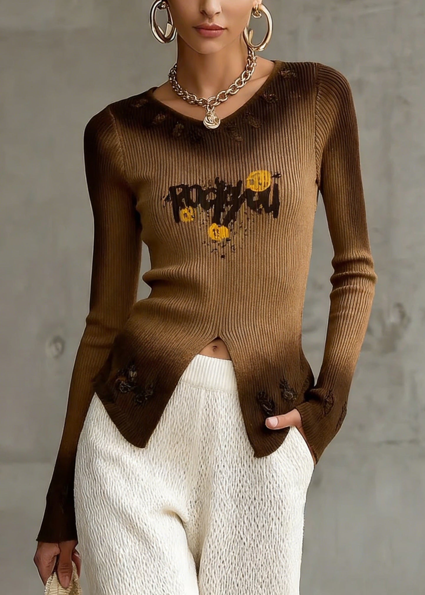 Italian Brown Gradient V Neck Print Knit Top Spring