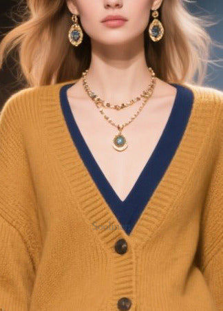 Italian Brown Oversized Patchwork Lace Fake Two Piece Cardigans Fall