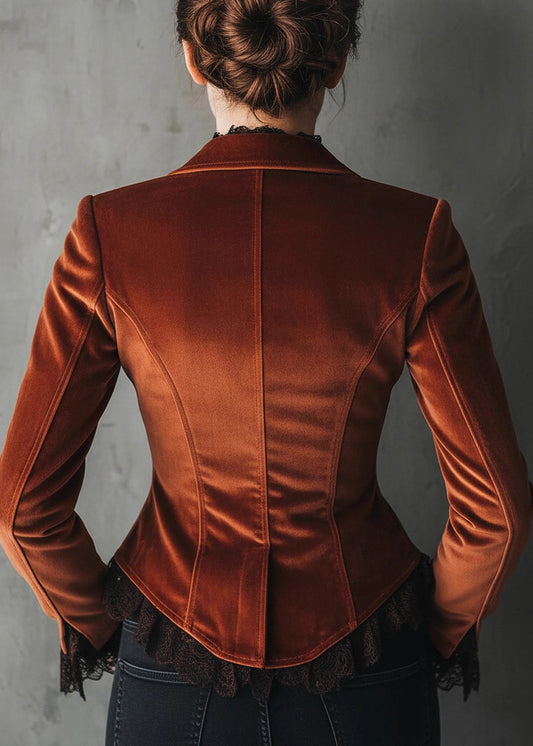 Italian Brown Peter Pan Collar Lace Patchwork Velvet Coats Fall