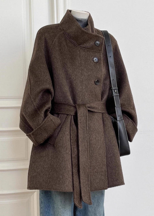 Italian Brown Pockets Patchwork Tie Waist Woolen Coat Long Sleeve