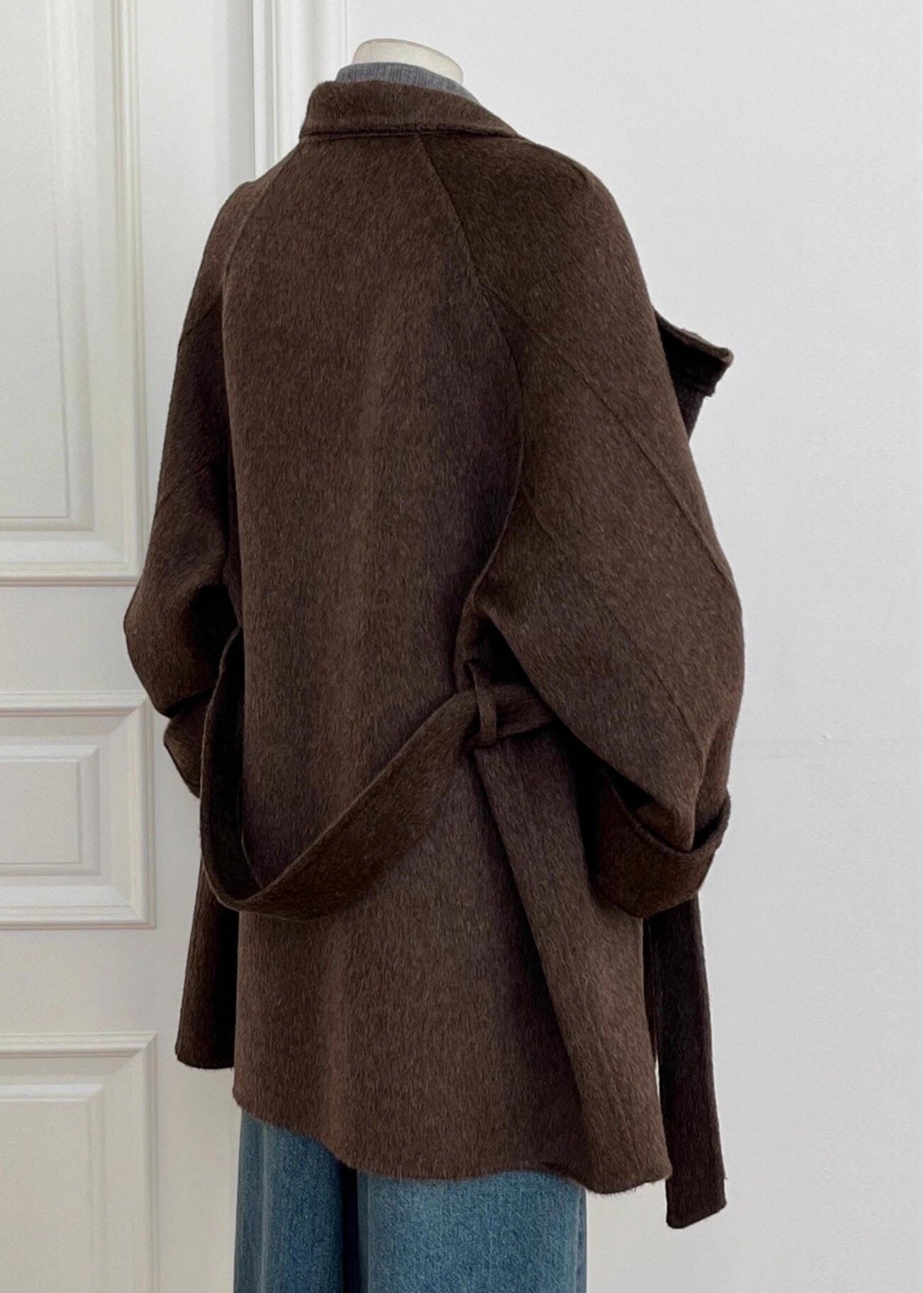 Italian Brown Pockets Patchwork Tie Waist Woolen Coat Long Sleeve